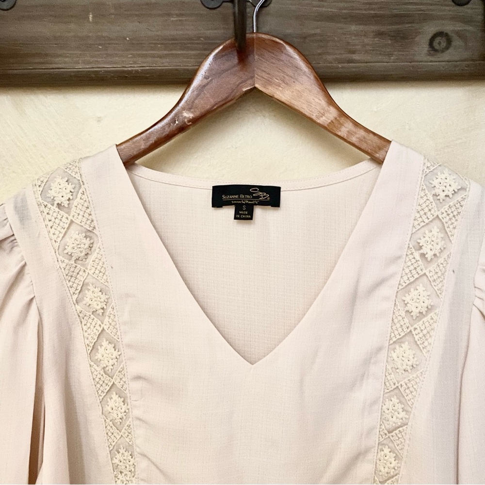🪶3/$35 Ivory Lace Embroidered Babydoll 3/4 Sleeve SUZANNE BETRO Linen Blouse-S - Picture 4 of 16